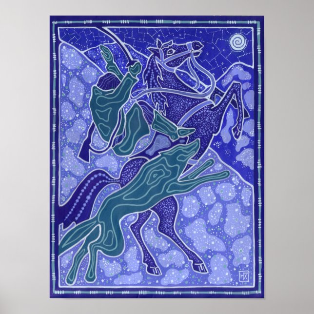 Poster Ilustração de Animais do Lobo Andando de Cavalo (Frente)