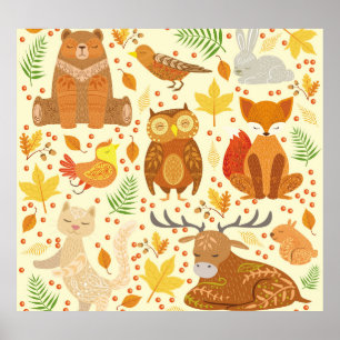 Poster Ilustração de animais florestais ornamentais.