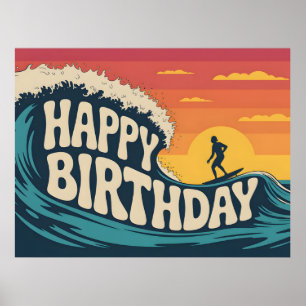 Poster Ilustração de "Aniversário Feliz" com Tema de Surf