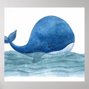 Poster Ilustração de Aquarela de Baleia Azul-Cura