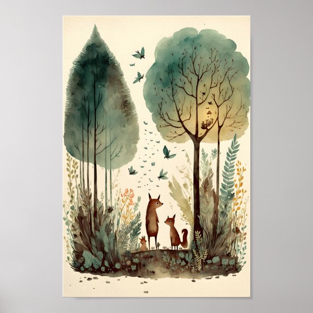 Poster Ilustração de aquarela de fairytale da floresta (Frente)