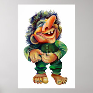 Poster Ilustração de Aquarela do Troll Nórdico Engraç