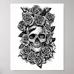 Poster Ilustração de Arte de Biker de Rosas do Crânio Hum