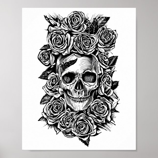 Poster Ilustração de Arte de Biker de Rosas do Crânio Hum (Frente)