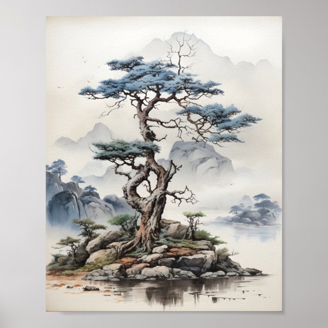 Poster Ilustração de Arte em Árvore Bonsai da Natureza Ja (Frente)