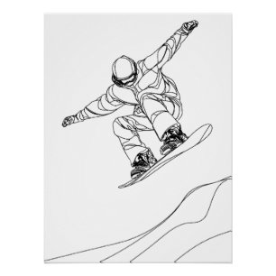 Pôster ilustração de arte linear de um snowboarder