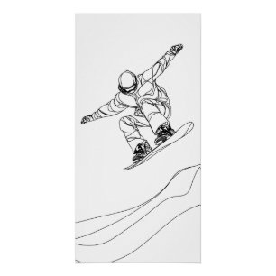 Pôster ilustração de arte linear de um snowboarder