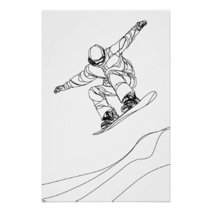 Pôster ilustração de arte linear de um snowboarder