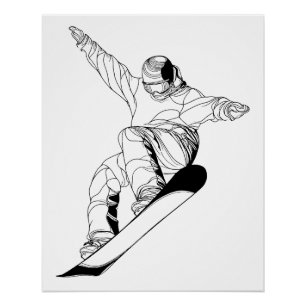 Pôster Ilustração de arte linear minimalista de um snowbo