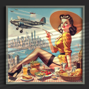 Poster Ilustração de avião retrô pin-up