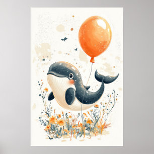 Poster Ilustração de baleia branca com balão de laranja A