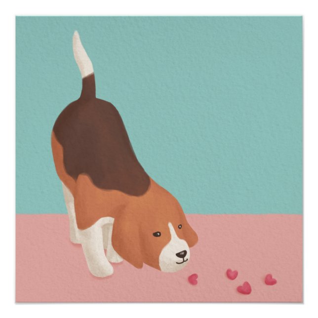 Pôster Ilustração de Beagle e Corações Bonitos (Frente)