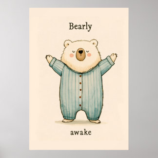 Poster Ilustração de Berço de Ursinho Fofo de Pijama