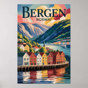 Poster Ilustração de Bergen Noruega Viagem Arte Vintage
