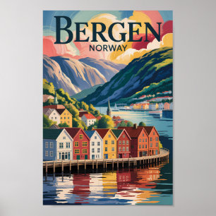 Poster Ilustração de Bergen Noruega Viagem Arte Vintage