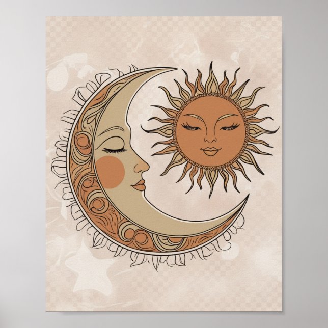 Poster Ilustração de Boho Sun e Lua (Frente)