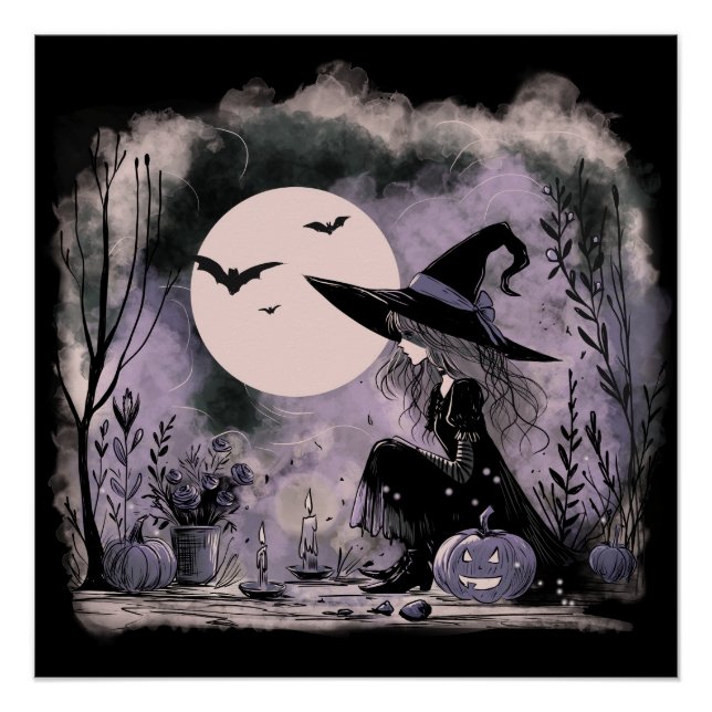 Pôster Ilustração de Bruxa de Halloween (Frente)
