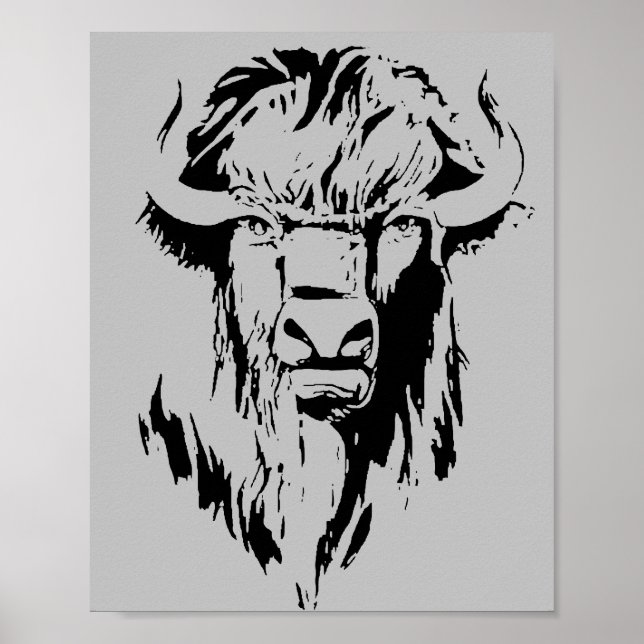 Poster Ilustração de cabeça de búfalo em preto e branco (Frente)