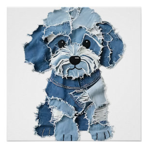 Pôster Ilustração de Cachorro com Remendo de Jeans Fofo
