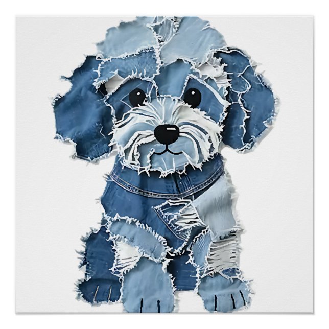Pôster Ilustração de Cachorro com Remendo de Jeans Fofo (Frente)