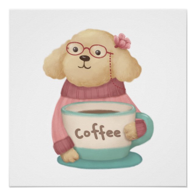 Pôster Ilustração de Cachorro e Café (Frente)