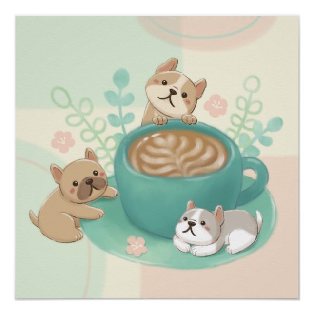 Pôster Ilustração de Cães e Café Bonitos (Frente)