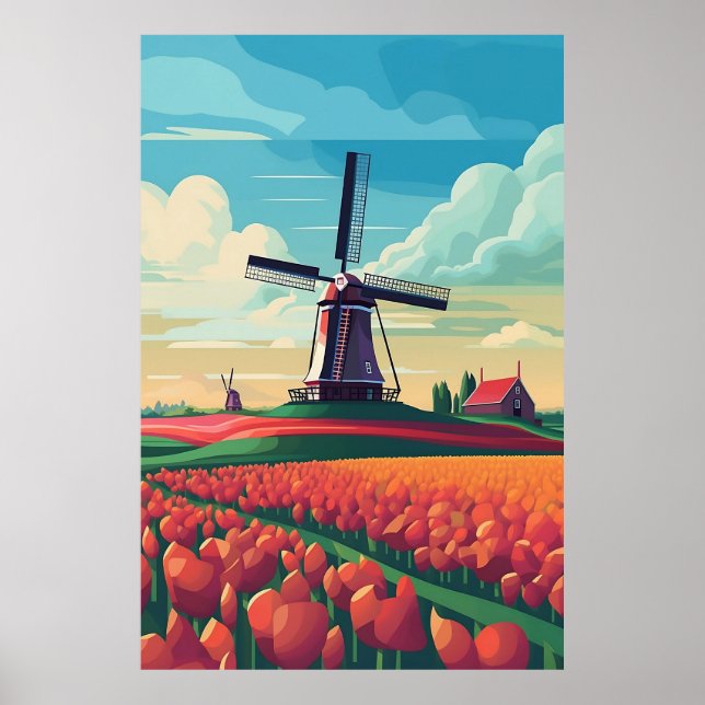 Poster Ilustração de Campo de Tulipas com Moinho de Vento (Frente)