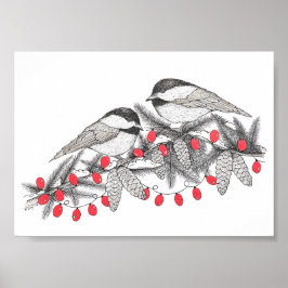 Poster Ilustração de Caneta de Maine Chickadees e Arte de