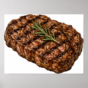 Poster Ilustração de Carne de Churrasco Bife Ribeye Grelh