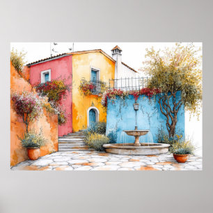Poster Ilustração de Casas de Aldeia Desenho de Cor do Pa