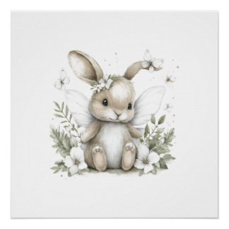 Pôster Ilustração de coelhinho fada em aquarela delicada