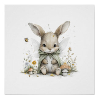 Pôster Ilustração de coelhinho fada em aquarela delicada