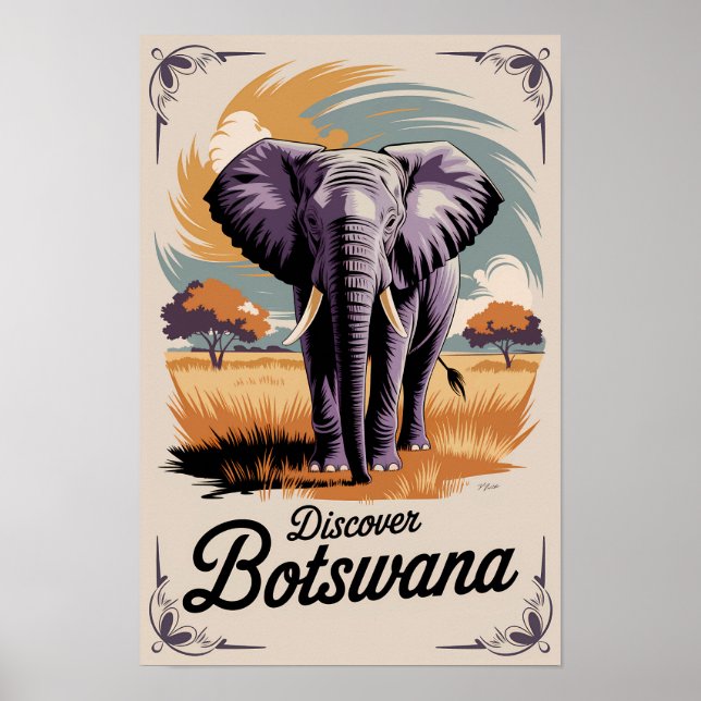 Poster Ilustração de Elefante do Botsuana Viagem Arte Vin (Frente)