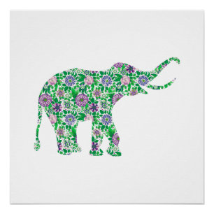 Pôster Ilustração de elefante roxo e verde