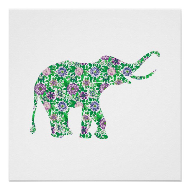 Pôster Ilustração de elefante roxo e verde (Frente)