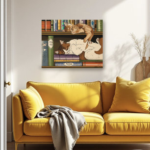 Pôster Ilustração de Estante de Livros de Gatos Adormecid