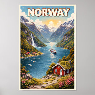 Poster Ilustração de Fiorde da Noruega Arte de Viagem Vin