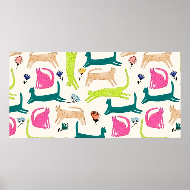 Poster Ilustração de flor e gato abstratos em estilo retr (Frente)