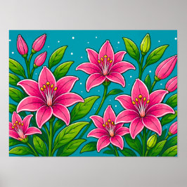 Poster Ilustração de Flores de Lírio Rosa com Folhagem Ve