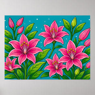 Poster Ilustração de Flores de Lírio Rosa com Folhagem Ve