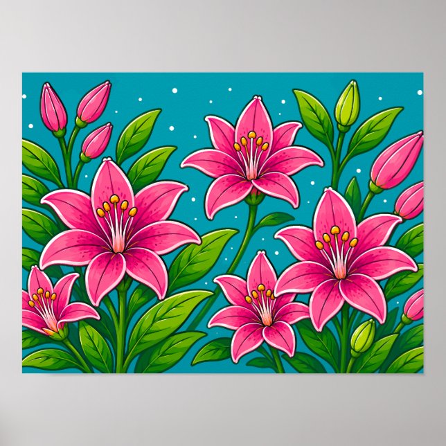 Poster Ilustração de Flores de Lírio Rosa com Folhagem Ve (Frente)