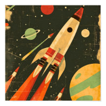 Ilustração de Foguete Espacial Retro de Ficção Cie