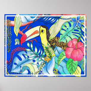 Poster Ilustração de Folhagem Tropical Toucan & Jungle