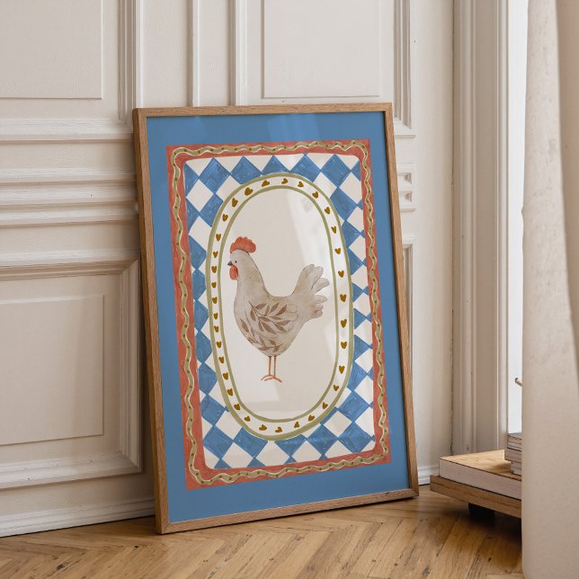 Poster Ilustração de Frango Rústico (Farmhouse chicken wall art for nursery with colorful vintage hen illustration)