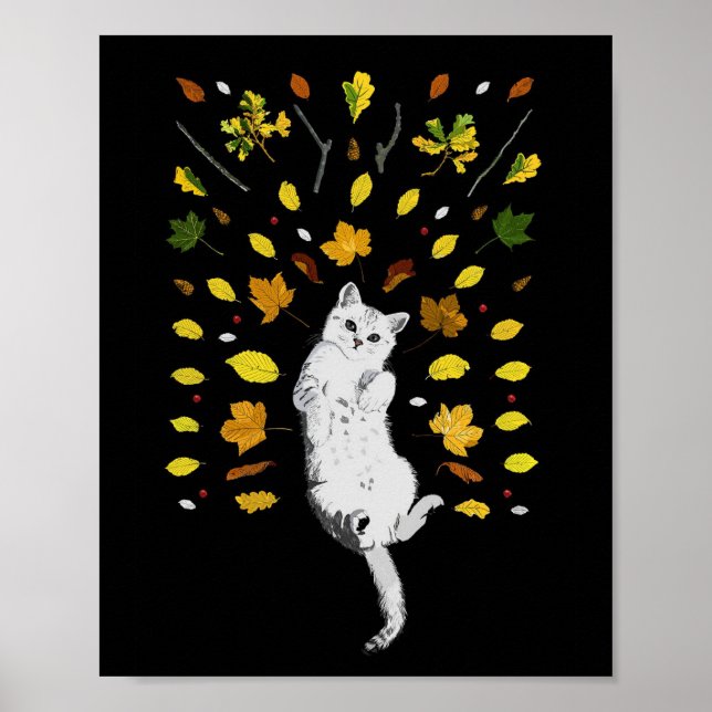 Poster Ilustração de gato branco com folhas de outono (Frente)