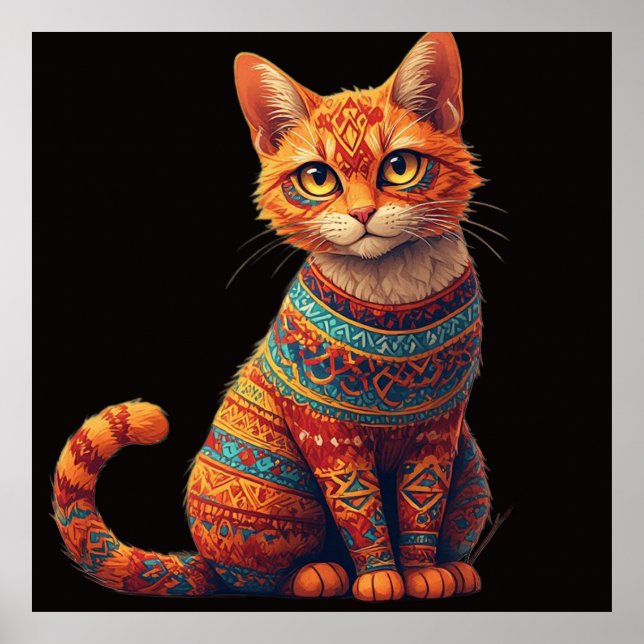 Poster Ilustração de Gato com Padrões Fofos em Estilo de  (Frente)