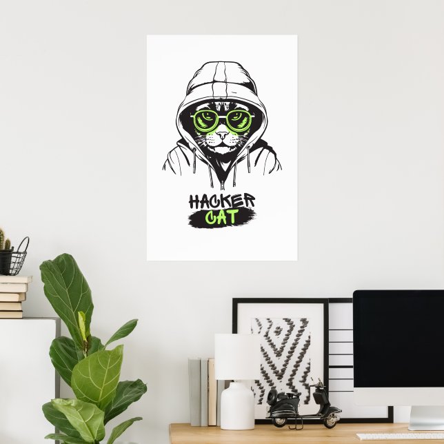 Poster Ilustração de Gato Hacker Fofo – Presente de Ciber (Escritório em casa)