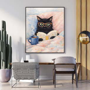 Poster ilustração de gato lendo arte de gato preto ac