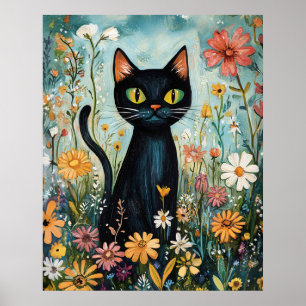 Poster Ilustração de Gato Preto Caprichoso com Flores Sil