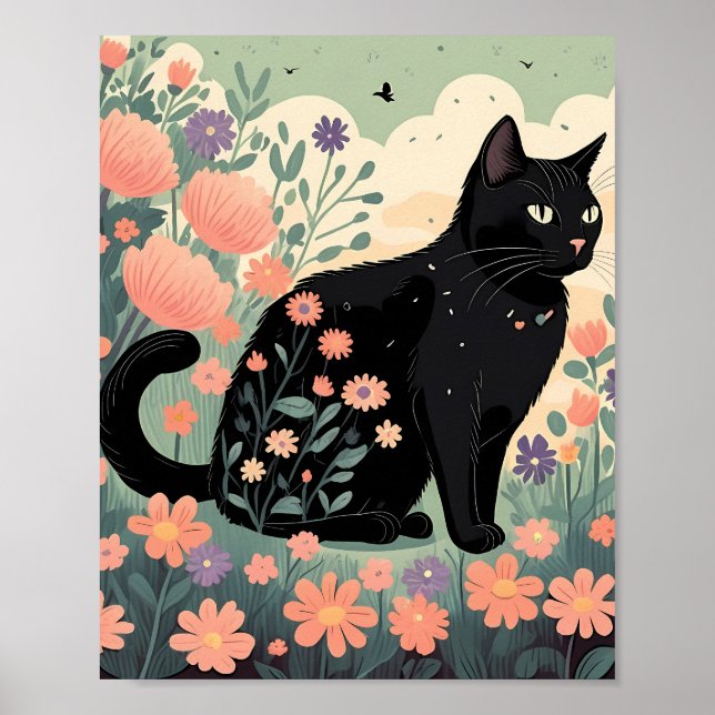 Poster Ilustração de gato preto em um campo de flores (Frente)